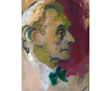 20th century School,
a head and shoulders portrait of Leslie Pitt,
oil on board,
34 x 24 cm CONDITION REPORT: Poorly framed
