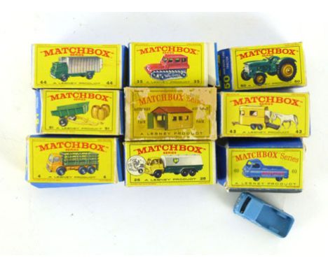 A group of nine Matchbox models consisting:
4-State truck
25-BP tanker
35-snow-trac
43-pony trailer
44-Refridegator truck
50-