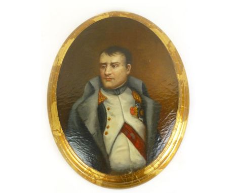 A reproduction ovoid hand painted plaque depicting portrait of Napoleon in National Guard uniform, with gilt edging, h. 47 cm