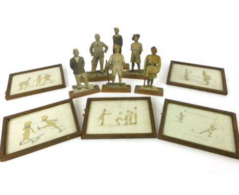 Six teak mounted pictures of various soldiers and gentlemen together with eleven framed and glazed novelty military prints (q