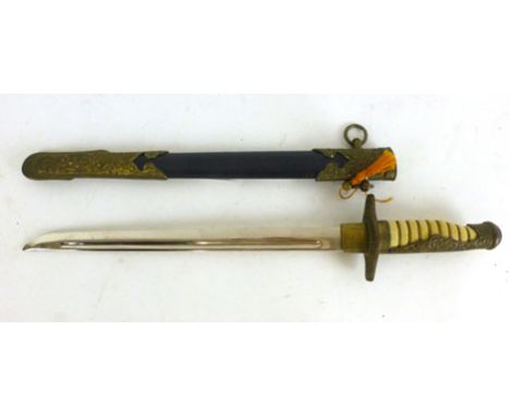 A reproduction 20th century Japanese Naval Officers dagger, with a black leather covered scabbard with brass fittings, single