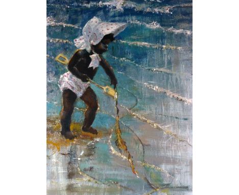 (?)Peter Lockwood (20th century),
a girl playing at the beach,
signed,
oil on board,
106 x 69 cm CONDITION REPORT: Framed