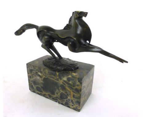 A modern stylized bronze of abstract form, modeled as a running horse, with 'Garanti Paris' stamp, on a black marble base, h.