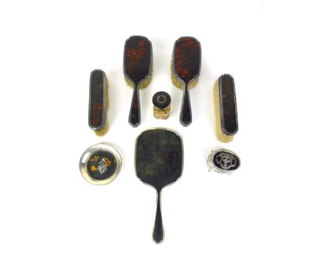 Eight items of silver hall marked with tortoise shell inlay dressing table set comprising of brushes, mirror, trinket tray, l