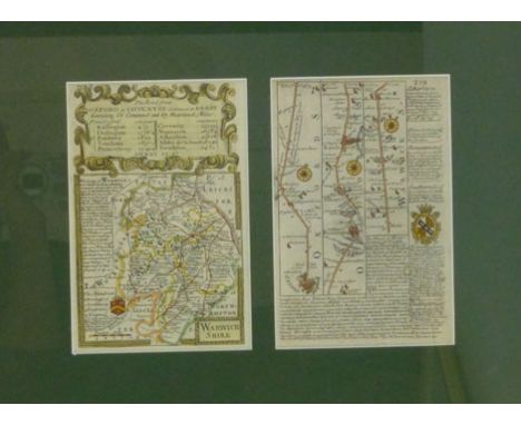 'The Road from Oxford to Coventry continued to Derby' diptych map,
hand coloured engravings taken from a book,
18.5 x 12.5 cm