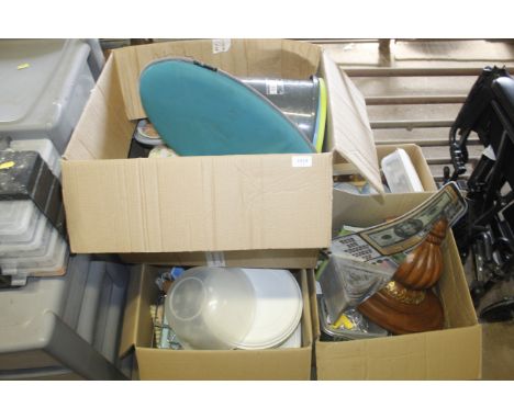 Five boxes containing various household items and kitchenalia 