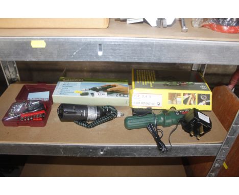 A Mini Craft drill, a Bosch cordless screwdriver and screwdriver set