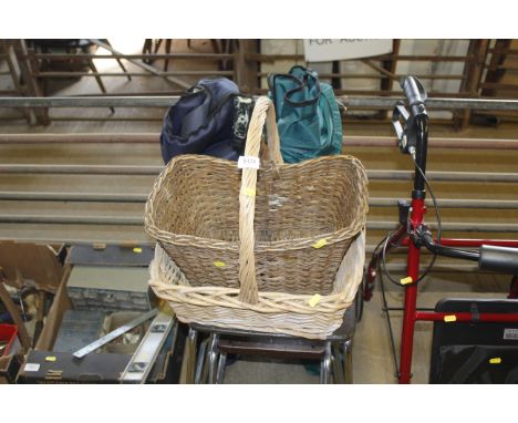 A step stool, two wicker baskets and two folding chairs 