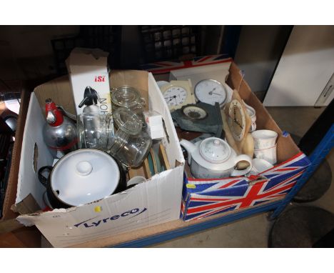 Two boxes of miscellaneous kitchenalia, domestic items etc.