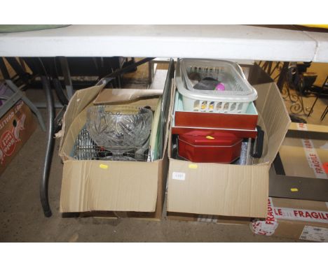 Two boxes containing various kitchenalia, large pedestal cut glass bowl etc 