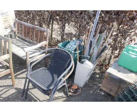 Two plastic bins containing various garden tools, garden planter and two metal framed chairs