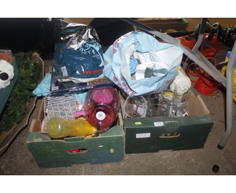 Two boxes and two bags containing various glassware and kitchenalia 