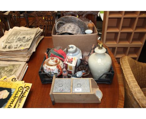 A tray box containing various Oriental porcelain including a blue and white ginger jar, a Japanese tea pot, a celadon table l