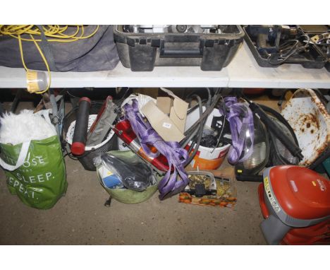 A metal framed stool, a metal seat, Ford van lights, various fishing equipment including reels, brass hinges, straps, bicycle