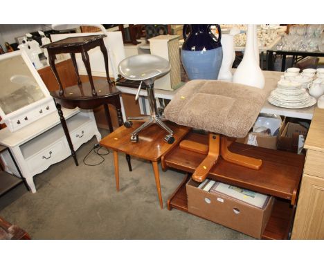 A revolving chrome based stool; a walnut occasional table; two tier side table; stool and  two occasional tables