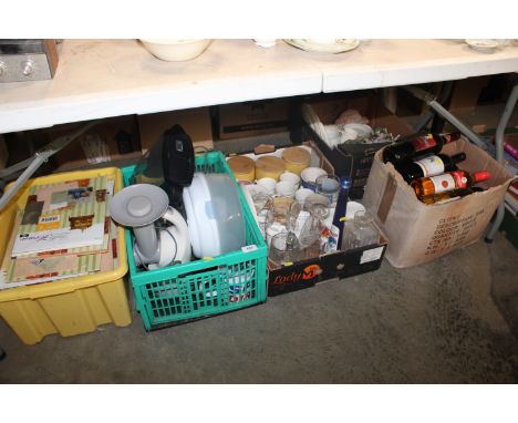 Three boxes of miscellaneous china, glass, kitchenalia, table wine etc.