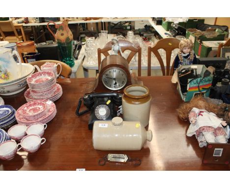 A vintage telephone; a stone glazed hot water bottle; a similar storage jar; a Salter spring balance; a mid 20th Century mant