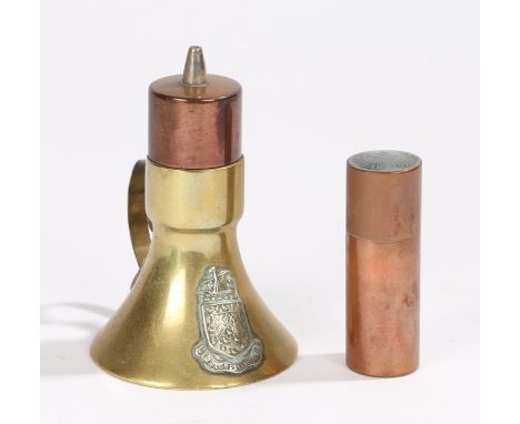 Trench art lighter in copper and brass with the arms of the town of Hove in white metal fixed to the front, together with a t