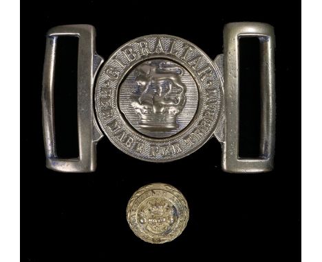 Victorian Royal Marines brass locket union, together with a Victorian Royal Marine Artillery officers gilt tunic button, make