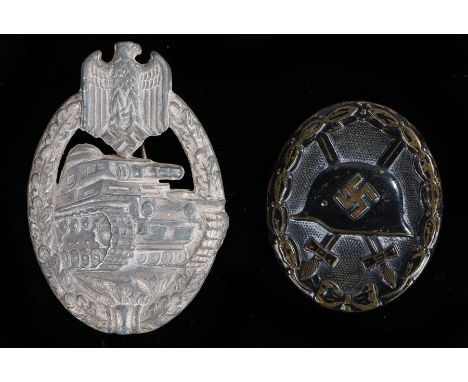 World War Two German Army Panzer Assault Badge in silver, hollow back with pin fitting, clasp flattened, maker unknown,togeth