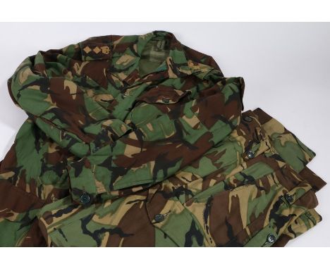 British Army DPM camouflage smock and trousers, colonels rank to shoulder straps, first field dressing in pocket