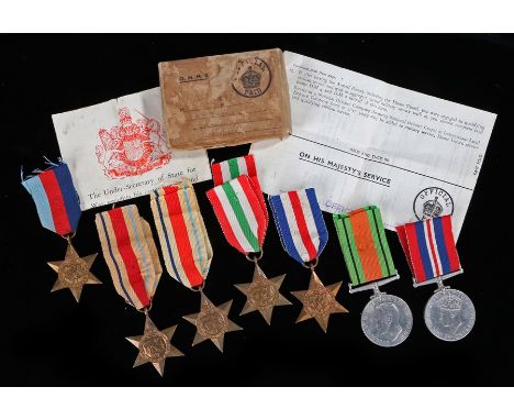 World War II British campaign medals to include, 1939-45 Star, two Africa Stars, Italy Star, France and Germany Star, Defence