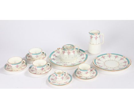 Minton Blue Star Line porcelain the blue scale border with cartouches of floral sprays, consisting of teapot, three teacups, 