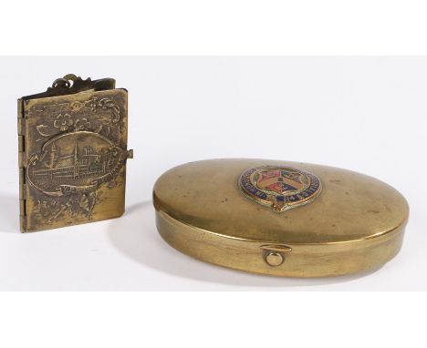 Brass pill box with enamel crest of the arms of Bradford on lid in enamel, encircled by the legend ' In honour of Bradford Te