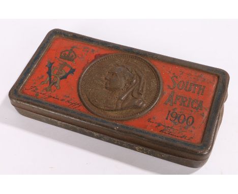 Boer War Queen Victoria chocolate tin, the lid features the embossed portrait and royal cypher of Queen Victoria and the insc