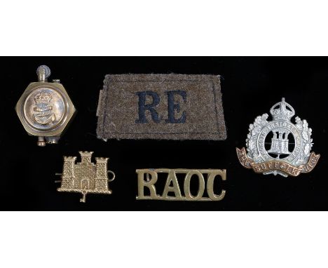 World War II brass Trench Art lighter, Imperial crown Royal Navy buttons to each side, together with a Suffolk Regiment cap b