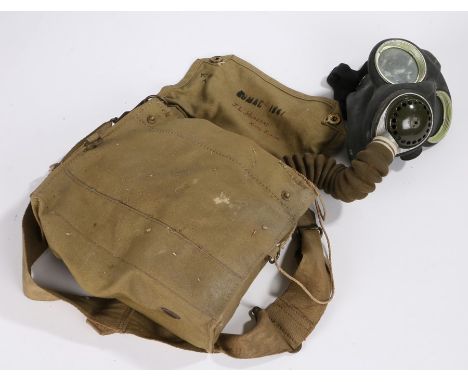 World War Two British No.4 mark III respirator dated 1941, held in general service haversack also dated 1941 and marked J.L.H