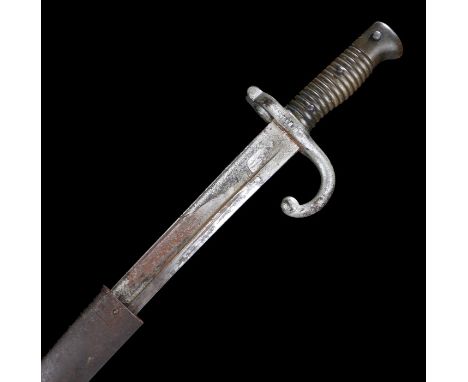 French 1866 pattern Chassepot bayonet, stamped with serial number U- 83332 to both bayonet and scabbard, maker St. Etienne an
