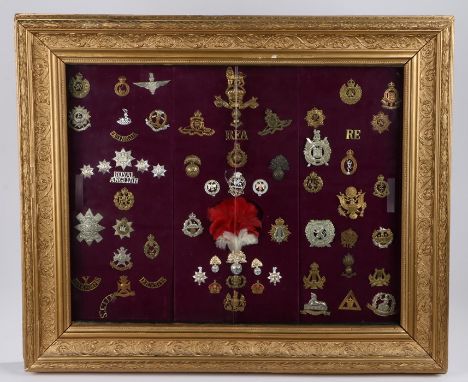 Framed collection of British Army cap, collar and shoulder badges from different periods, including, The Royal Marines, The P