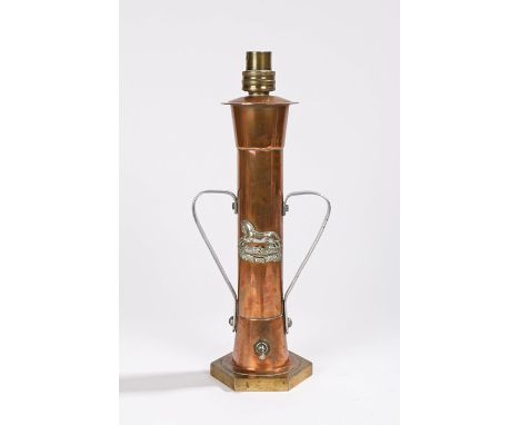 Trench art electric table lamp with cap badge of The 3rd Kings Own Hussars fixed to the stem