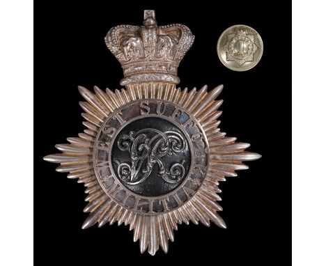 Victorian officers shako plate to the West Suffolk Militia, two loops to the reverse, together with a tunic button to the sam