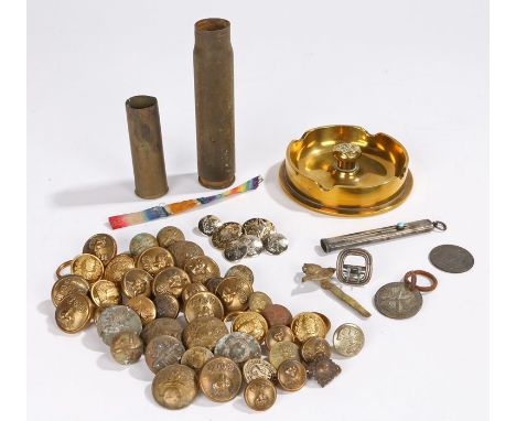 French trench art item in the form of an ash tray made from the base of a 75 mm shell case and French artillery button, toget