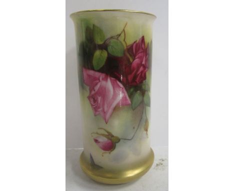 A Royal Worcester cylindrical shaped vase, decorated with roses by W H Austin, shaped number 2510, height 5.75ins