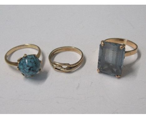 A 9 carat gold ring, 1.5g gross, together with an Egyptian gold ring set with a synthetic stone, and a simulated turquoise ma