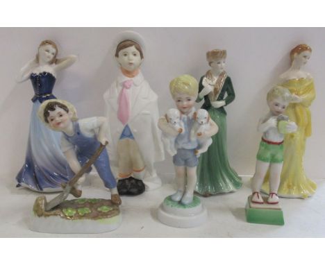 Seven Royal Worcester figures, Lara, Jenny, Pauline, Wedding Day, Saturday Boy, Friday Boy and Monday Boy