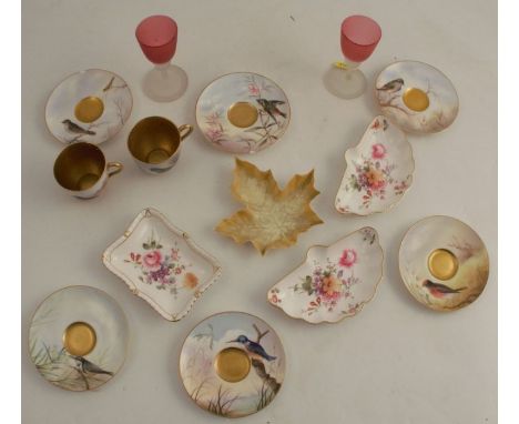 Six Royal Worcester cabinet saucers, all decorated with birds, signed by various artists, together with two cabinet cups deco