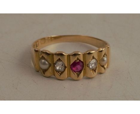 An 18ct gold ring, set with a ruby, two diamonds and two pearls, total weight 2.5g, size M
