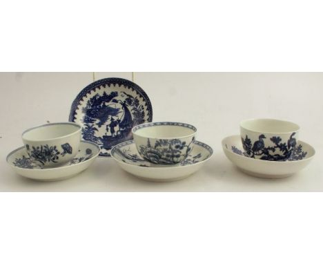 A First Period Worcester tea bowl and saucer, decorated in the Canon Ball pattern, open crescent mark to base, together with 