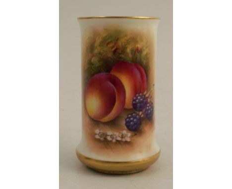 A Royal Worcester cylinder shaped vase, decorated half round with hand painted fruit by Townsend, shape number 2510, height 4