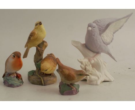 A Royal Worcester double bird model, of Yellow Hammers, together with a Royal Worcester Robin and a Wren, af, and another bir