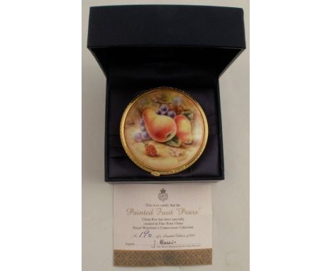 A Royal Worcester enamelled circular patch box, decorated with fruit to a mossy background by S Wood, numbered 190, diameter 