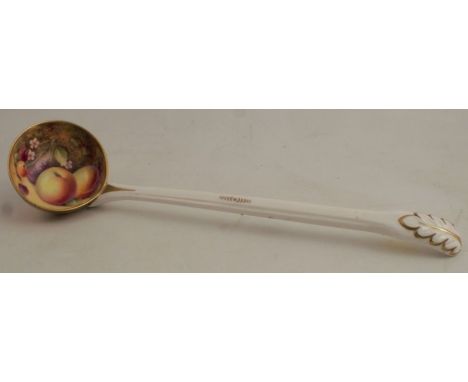 A Royal Worcester soup ladle, the bowl decorated with fruit to a mossy background by P Platt, length 13.5insCondition Report: