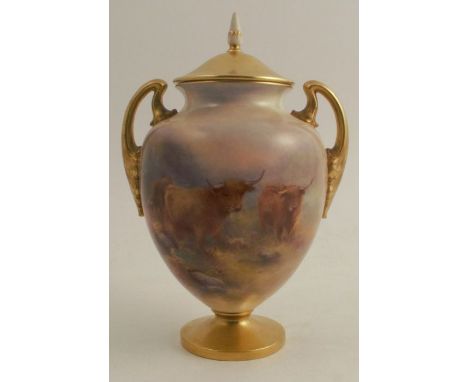 A Royal Worcester covered pedestal vase, the front decorated with three Highland cattle in landscape by H Stinton, with lands