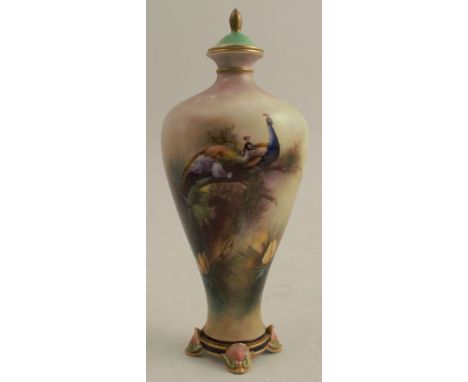 A Hadleys Worcester covered vase, decorated with peacocks in a tree, height 7.5ins&nbsp;Condition Report:  Cover restored