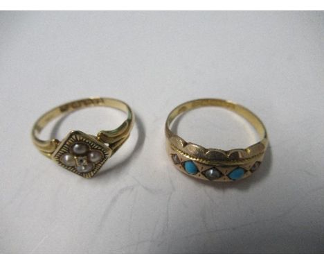 A 15 carat gold turquoise and seed pearl ring, Chester 1884, finger size O, together with a split pearl and diamond 18 carat 