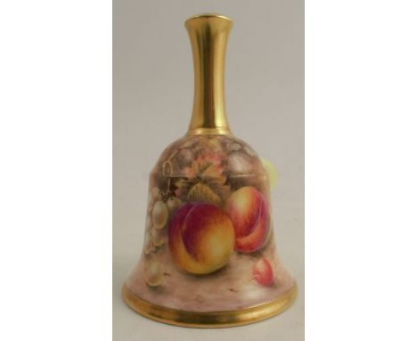 A Royal Worcester bell, decorated to the front with fruit to a mossy background by Creed, with gilt handle, height 4.5insCond